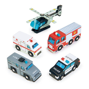 Wooden Toy Emergency Vehicles Play Set - Police, Fire, Ambulance