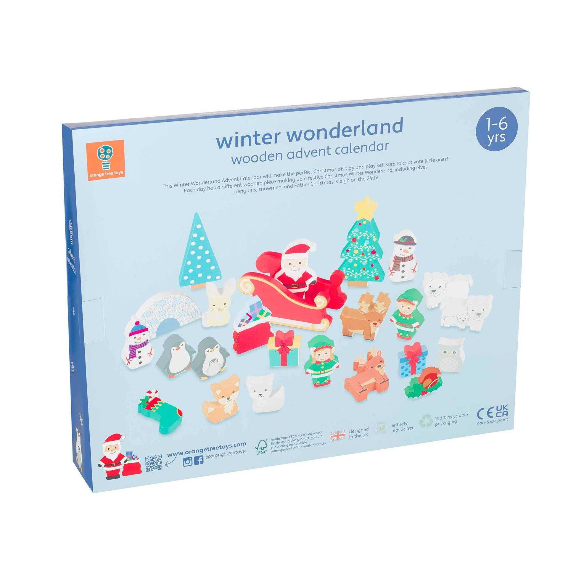 Back of Winter Wonderland Advent Calendar box showing all 24 wooden pieces and age recommendation for children aged 1-6 years.