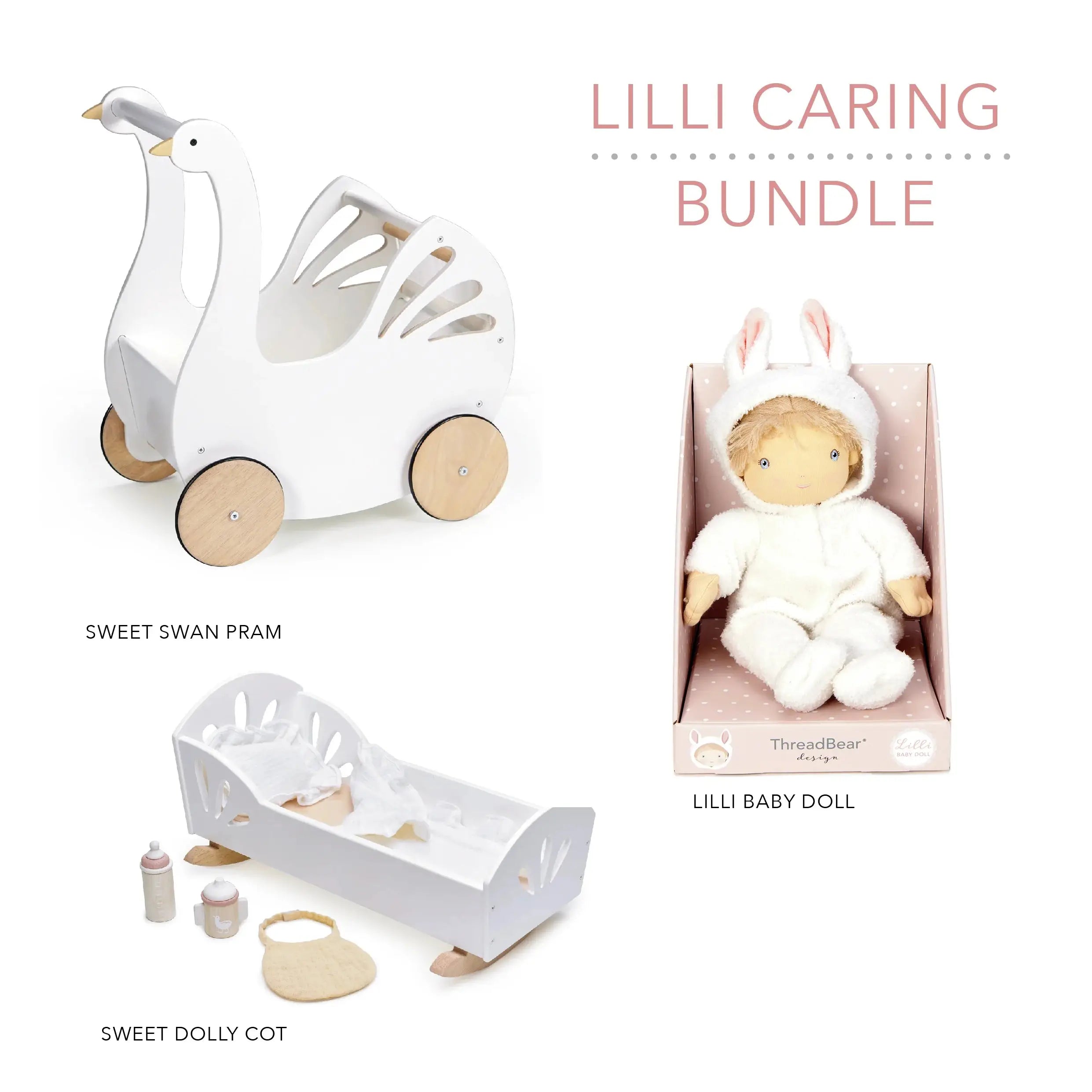 Lilli Dolly Care Bundle Rag Doll Wooden Crib Wooden Pram