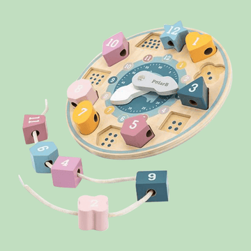 Wooden educational clock toy with colorful numbered blocks and a lacing string for learning time, numbers, and motor skills.