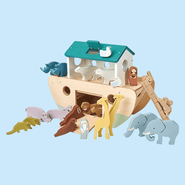 Wooden Noah's Ark toy set with various animal figurines including elephants, giraffes, crocodiles, and birds, designed for children's imaginative play and learning.
