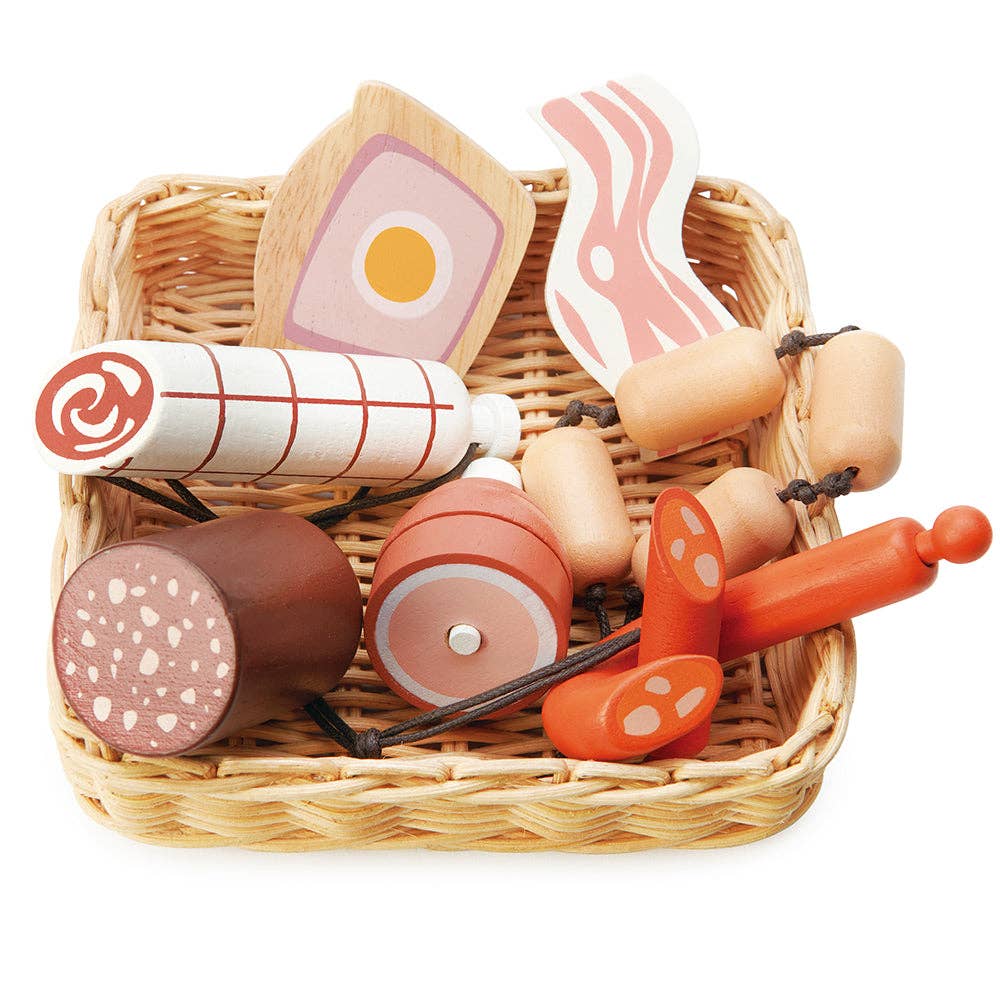 TenderLeaf wooden charcuterie basket toy set with assorted meats for kids aged 3+, ideal for role play kitchens and shop stalls.