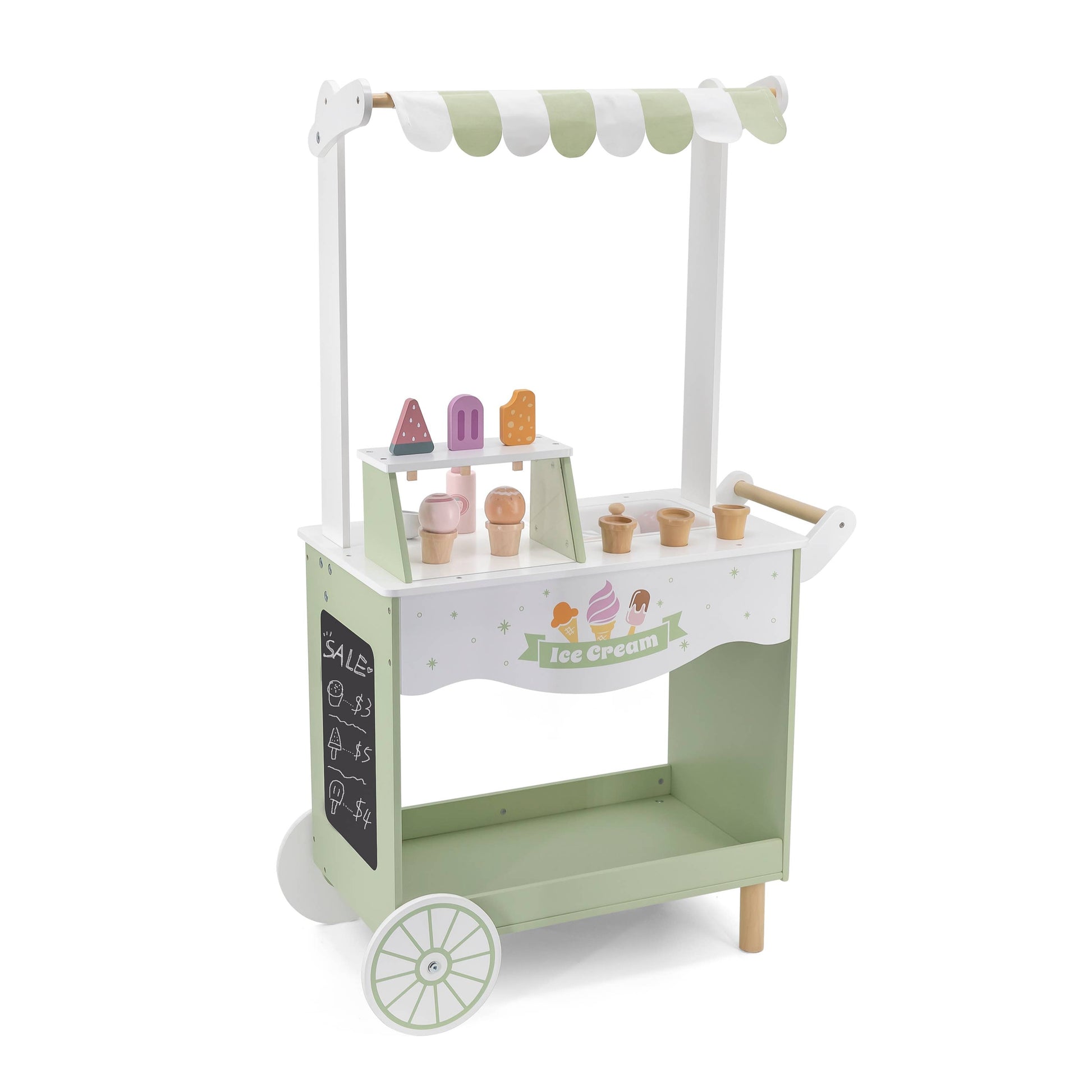 Jumbo Wooden Ice Cream Cart Stall Play Set by PolarB, featuring a pastel green and white design with toy ice cream cones and popsicles. Ideal for pretend play for kids aged 3+.