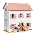Mentari Clover Dolls House: Wooden Dolls House 2 Storey Playhouse with pink roof, floral window shutters.