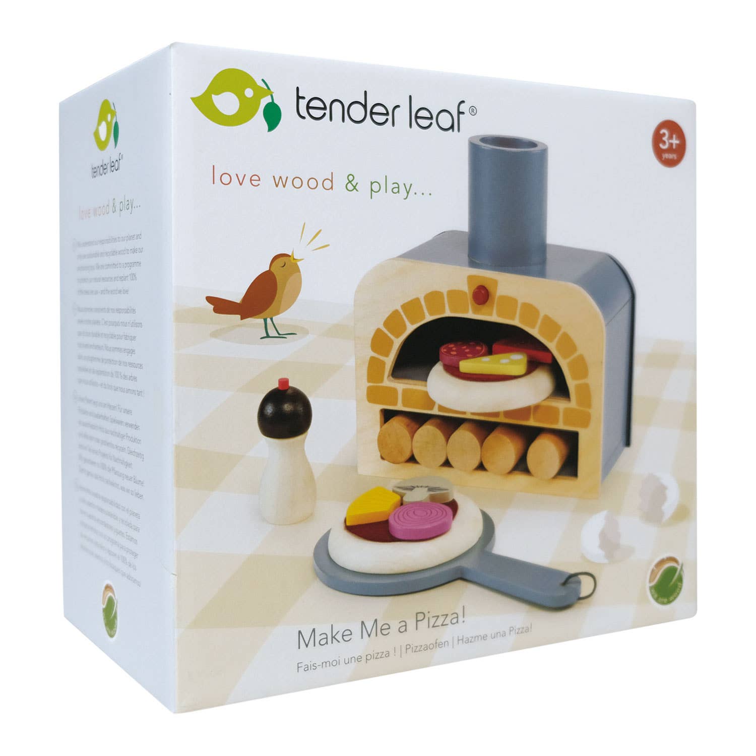 Retail packaging of Make Me a Pizza! - Wooden Pizza Oven Toy Play Set by Tender Leaf, showcasing contents and age recommendation for kids 3+.