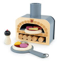 Wooden pizza oven toy set with paddle, toppings, and pepper grinder from Make Me a Pizza! - ideal for role play kitchens and food-themed games.