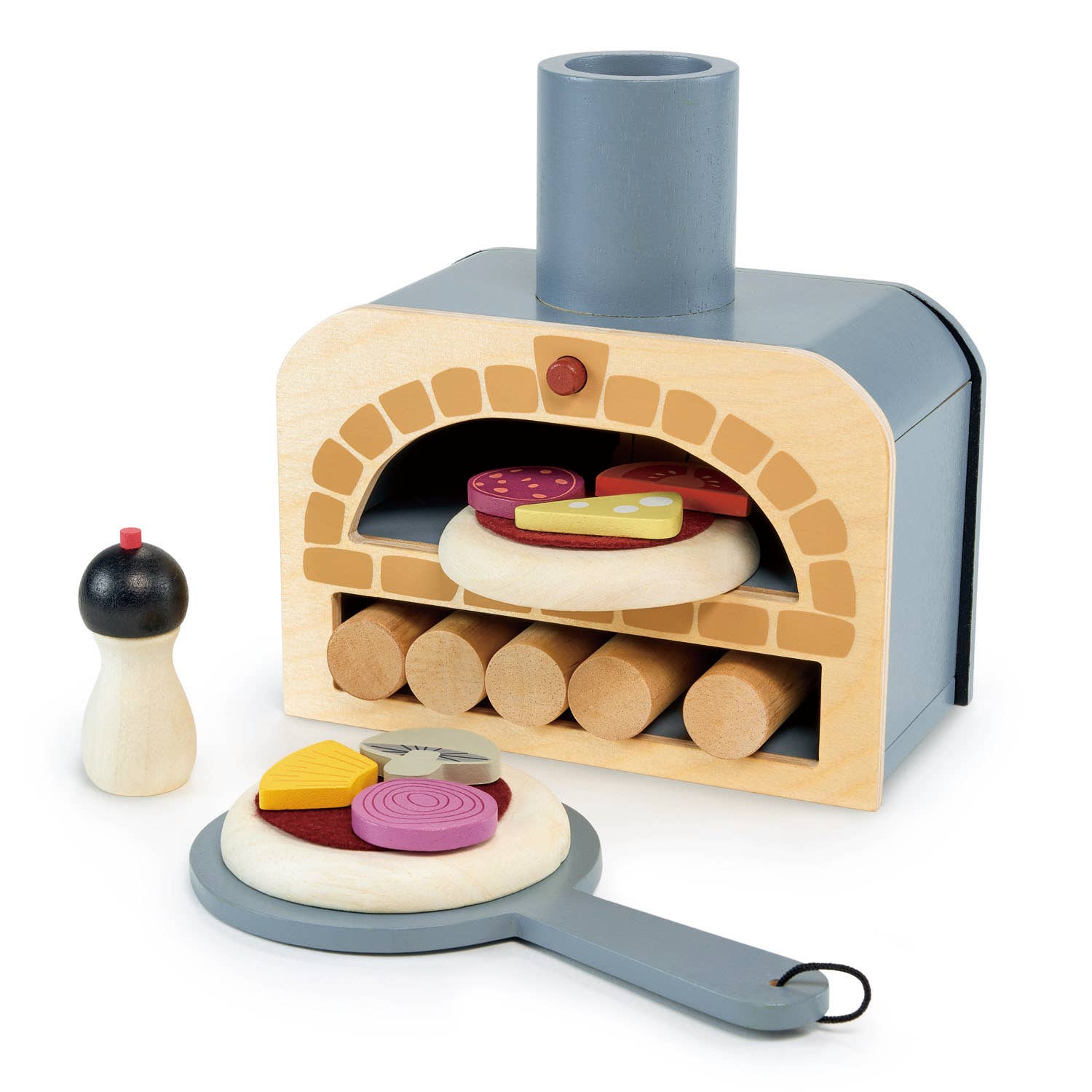 Wooden pizza oven toy set with paddle, toppings, and pepper grinder from Make Me a Pizza! - ideal for role play kitchens and food-themed games.