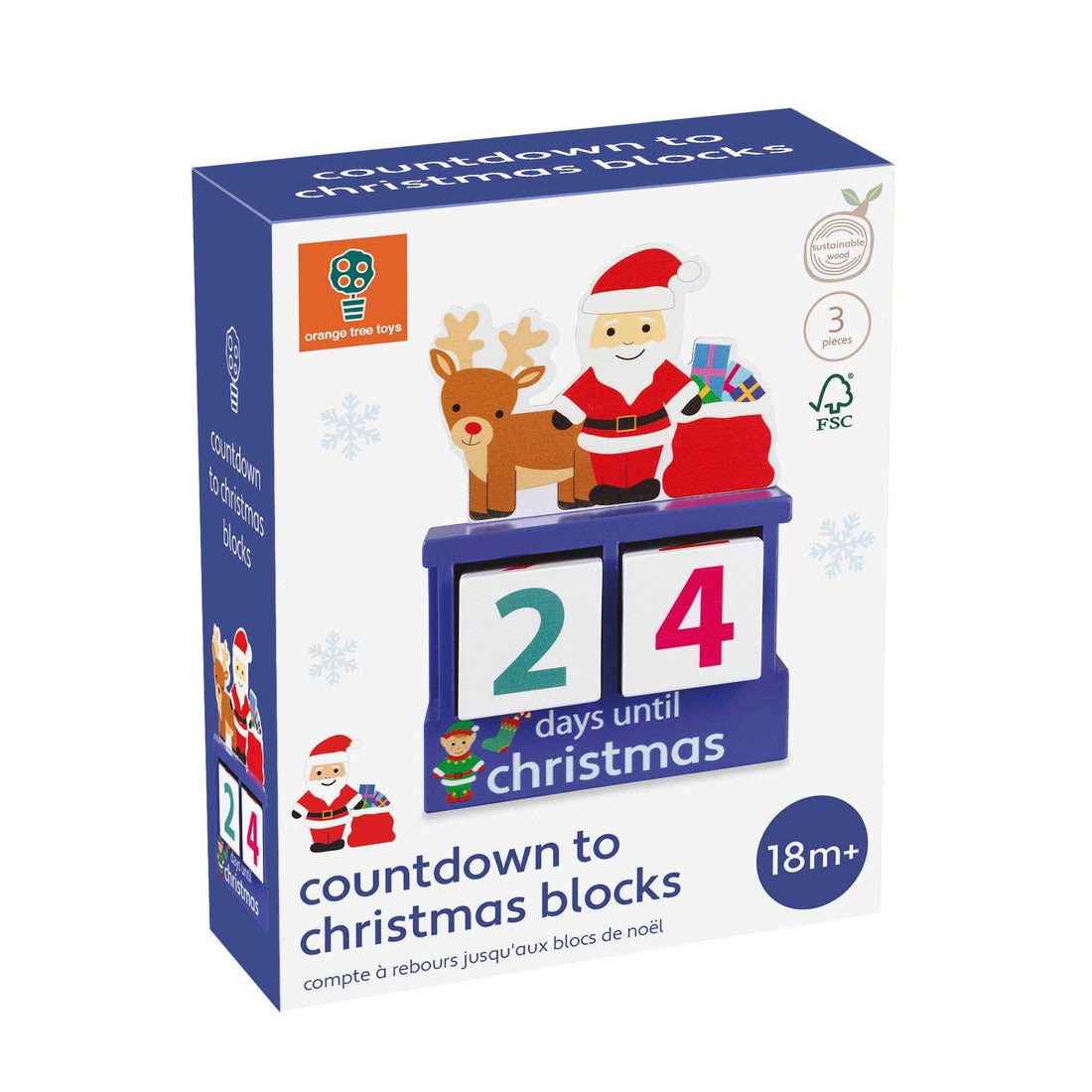 Wooden Christmas Countdown Blocks - Festive Advent Calendar featuring Santa, reindeer, and colorful number cubes for tracking days until Christmas.