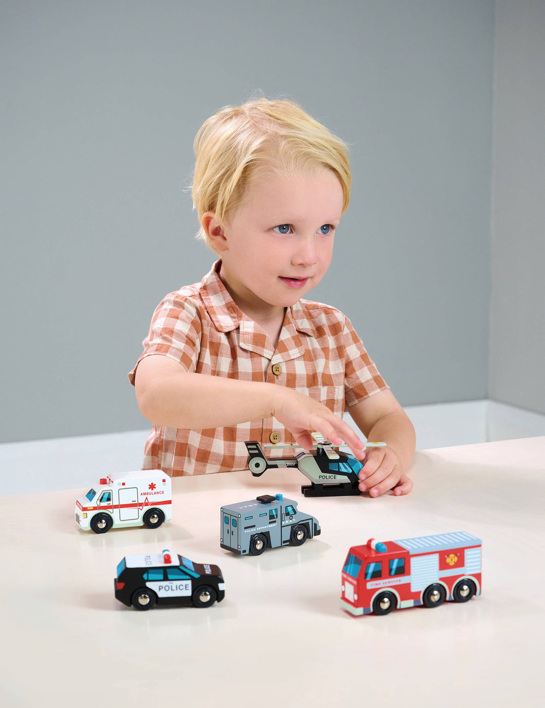 Wooden Toy Emergency Vehicles Play Set - Police, Fire, Ambulance