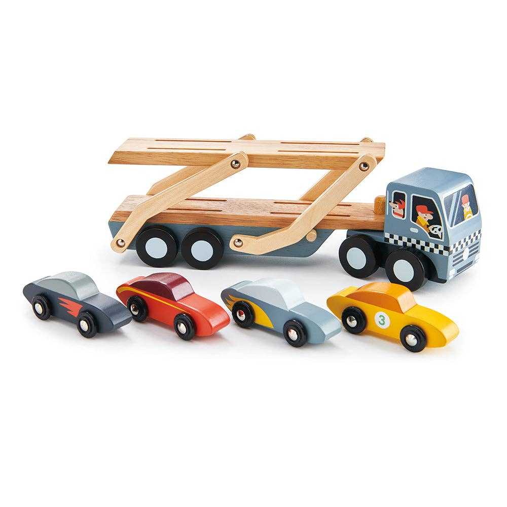 Tenderleaf Toys Wooden Car Carrier Toy with 4 detachable cars and foldable ramp, made from eco-friendly materials.