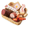 TenderLeaf wooden charcuterie basket toy set with assorted meats for kids aged 3+, ideal for role play kitchens and shop stalls.