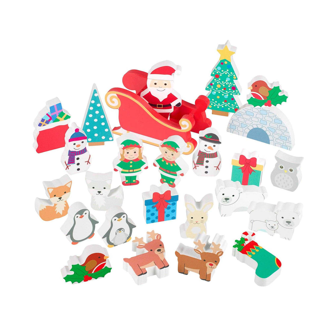 Winter Wonderland Advent Calendar with 24 wooden pieces featuring Santa, animals, and festive icons in numbered compartments for holiday countdown.