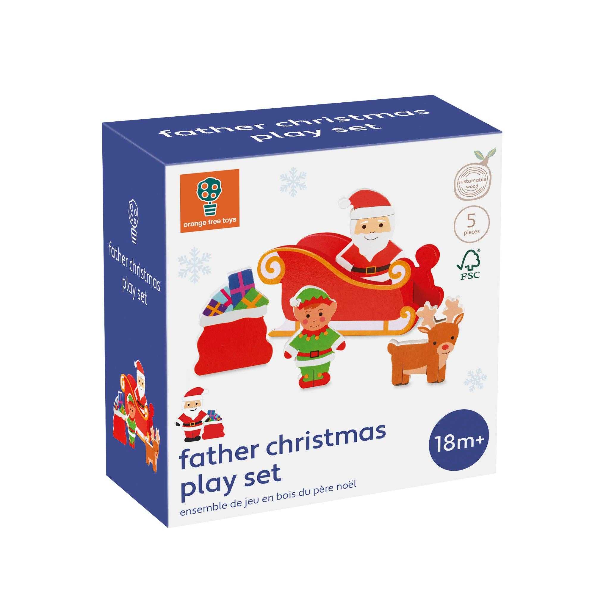 Father Christmas Toy Sleigh Play Set by Orange Tree Toys featuring Santa, sleigh, elf, Rudolph, and gift sack in a festive wooden design.