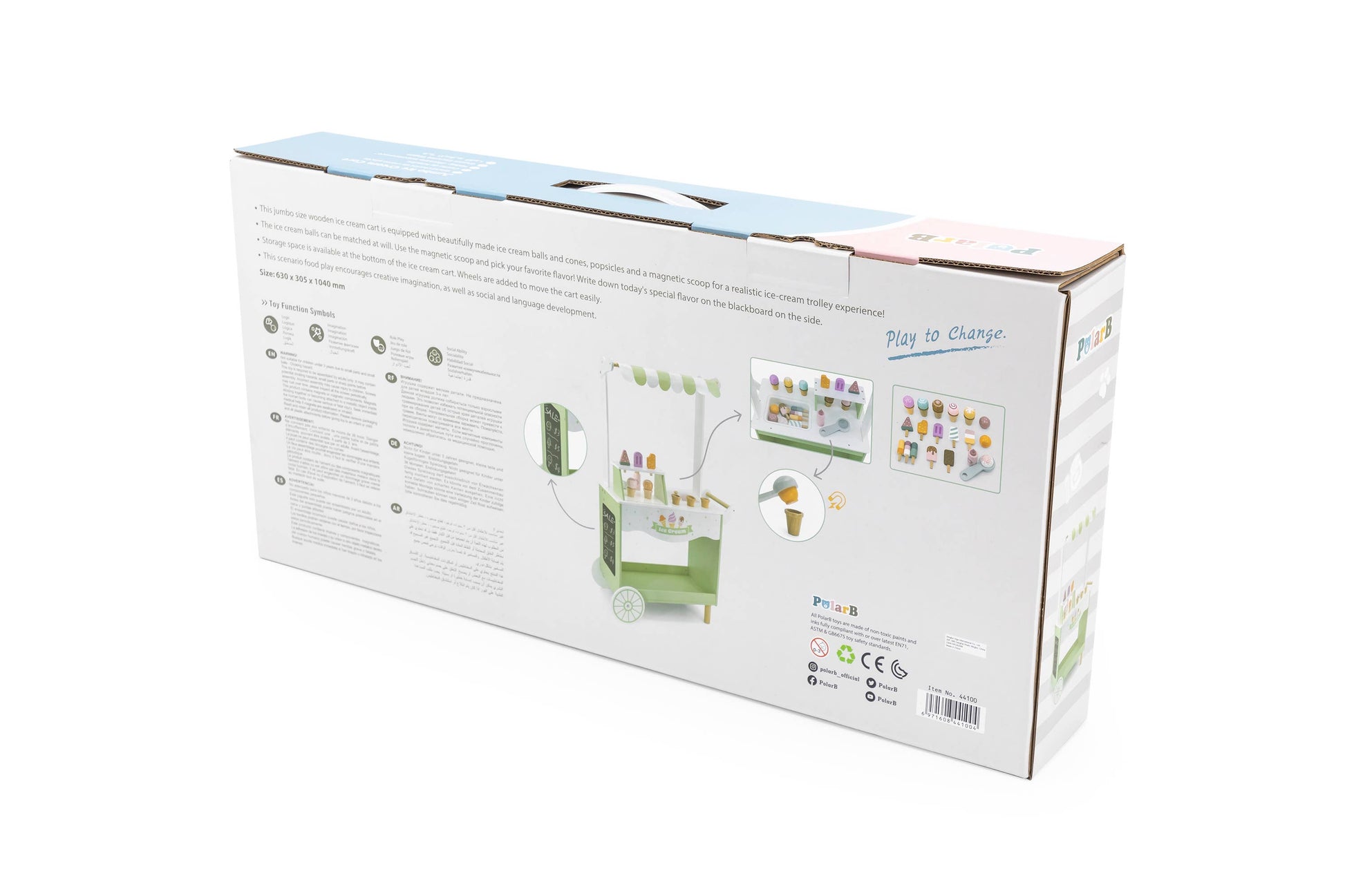 Back packaging of the Jumbo Wooden Ice Cream Cart Stall Play Set by PolarB, featuring product details, illustrations, and benefits for children's imaginative play.