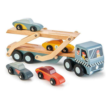 Tenderleaf Toys Car Transporter - Wooden car carrier toy with 4 colorful cars and detachable ramp for imaginative play.