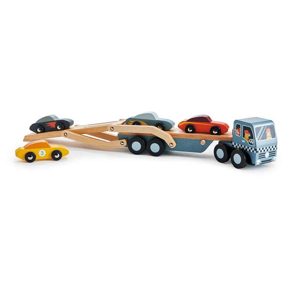 Tenderleaf Toys Car Transporter with 4 wooden cars and working ramp, ideal for educational and imaginative play.