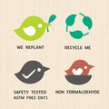 Eco-friendly icons for Wooden Eggs Toy Food highlighting replanting, recycling, safety testing, and non-formaldehyde materials.