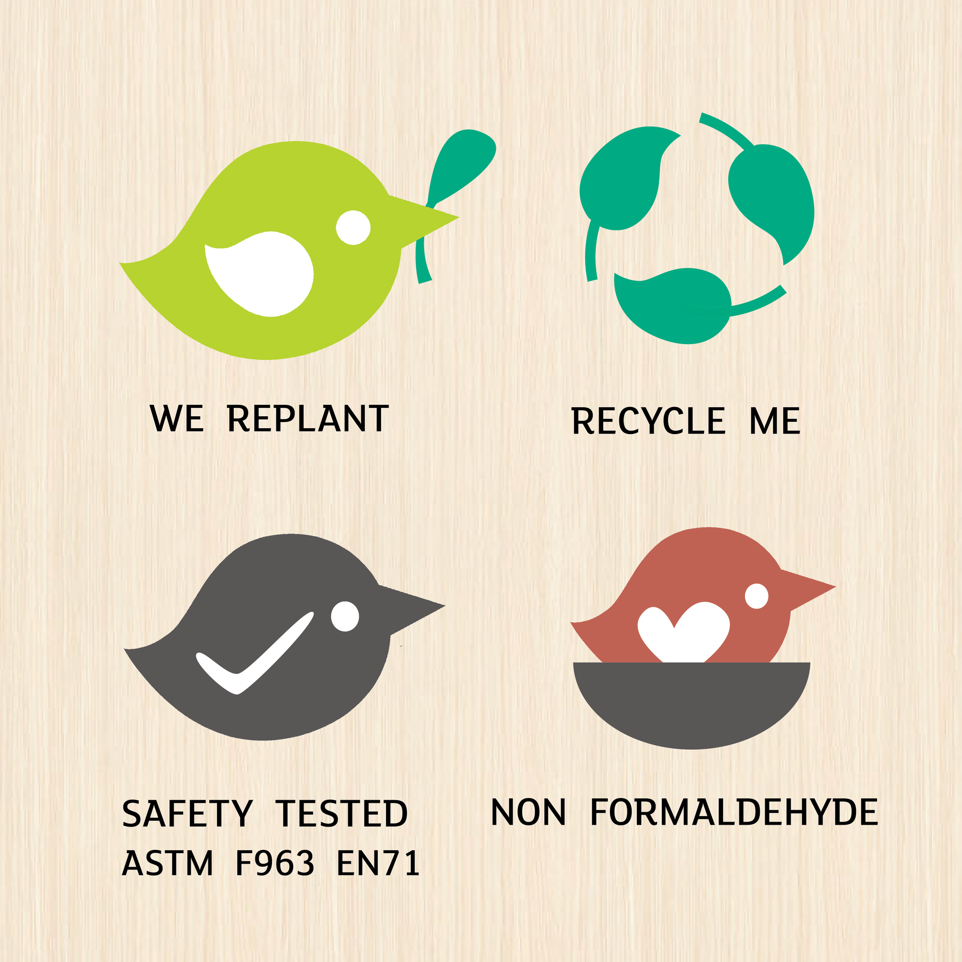 Eco-friendly icons for Wooden Eggs Toy Food highlighting replanting, recycling, safety testing, and non-formaldehyde materials.