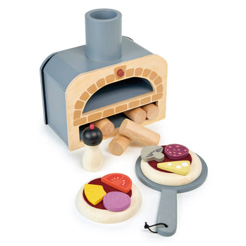 Make Me a Pizza! - Wooden Pizza Oven Toy Play Set with oven, toppings, paddle, and pepper grinder for pretend play kitchens. Ideal for kids age 3+.