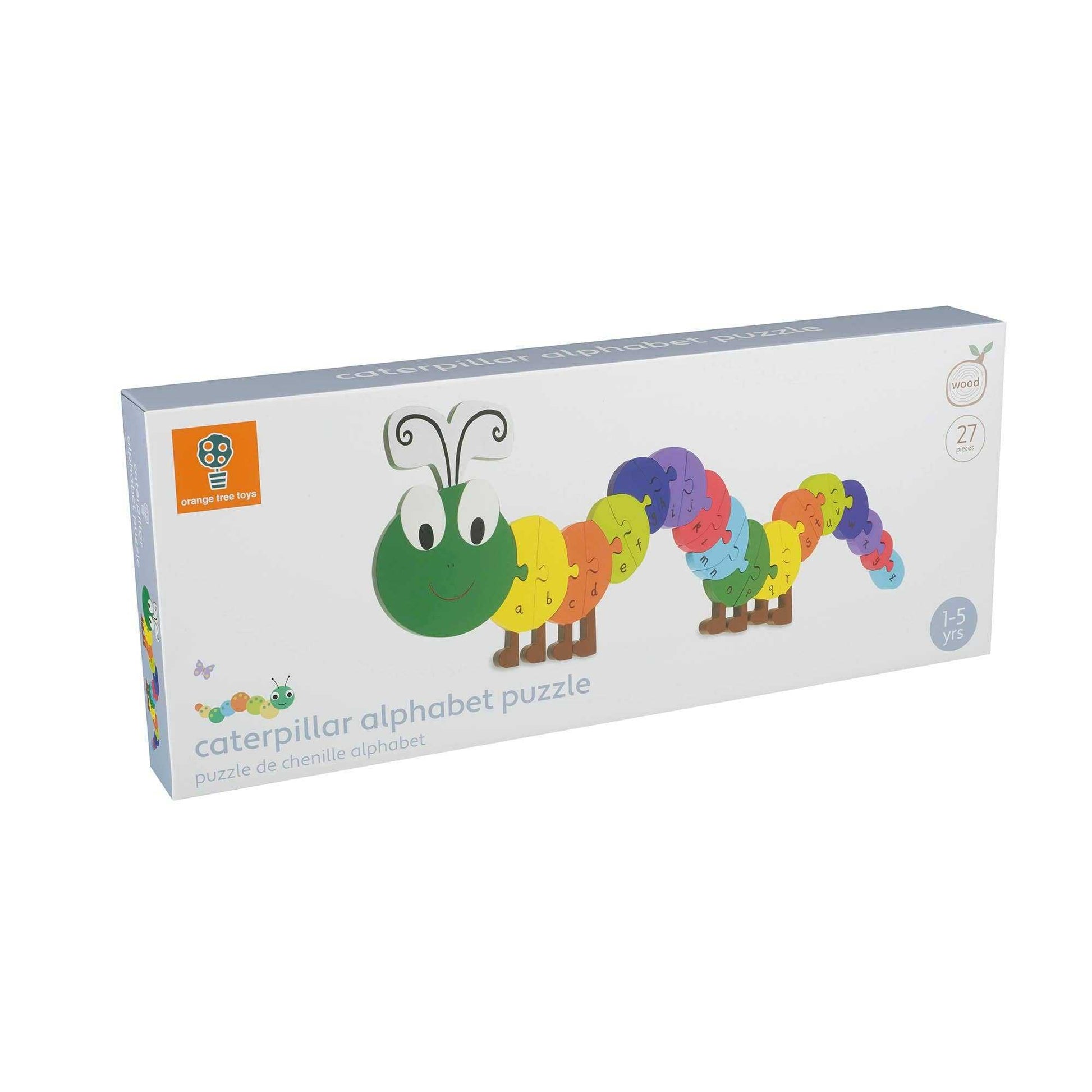 ABC Puzzle - Vibrant Wooden Caterpillar Alphabet Toy in packaging, featuring colorful lettered segments for toddler learning fun.
