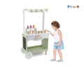 Child playing with the Jumbo Wooden Ice Cream Cart Stall Play Set by PolarB, a fun role-play toy with a pastel-colored cart and wooden ice cream accessories.