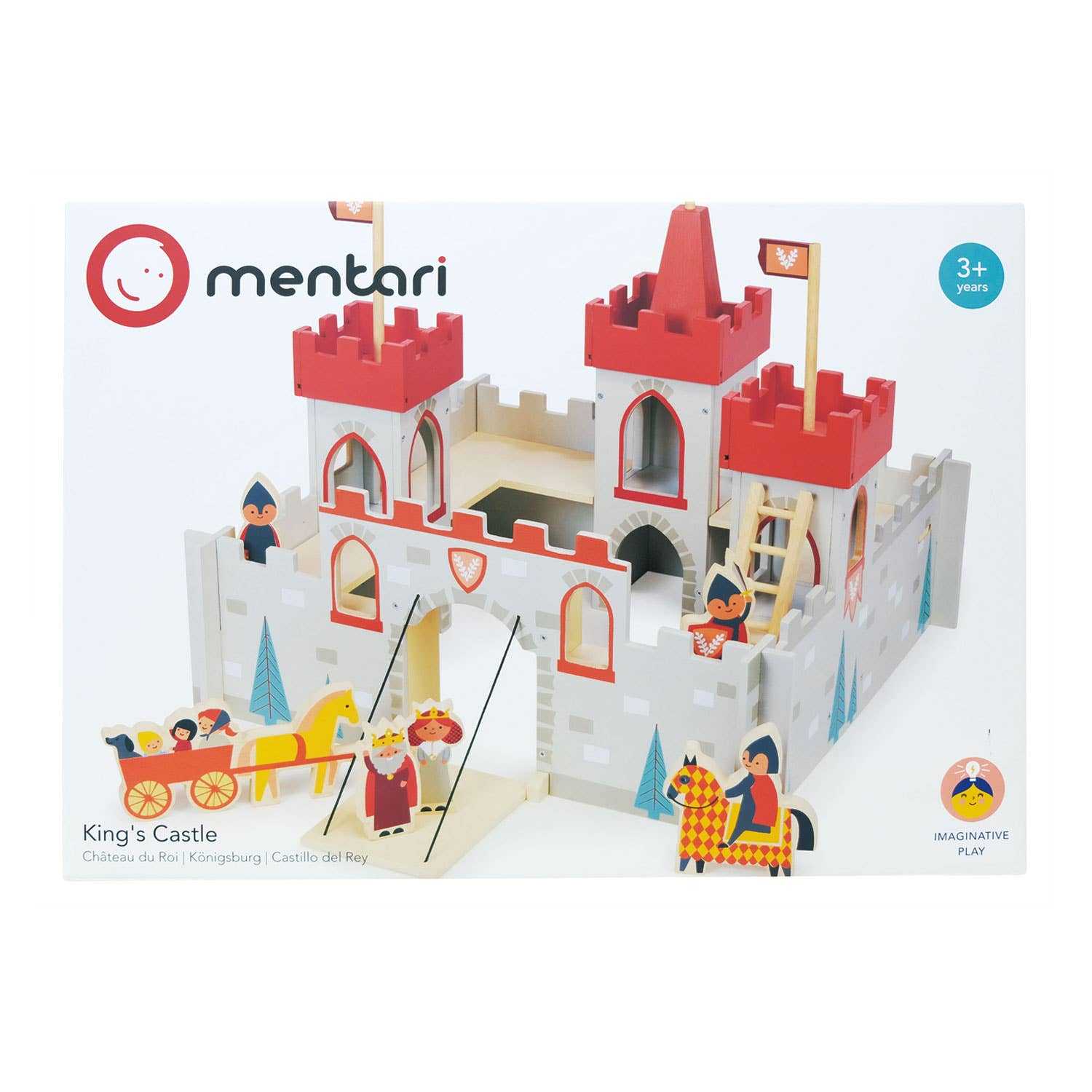 Retail packaging of Mentari Wooden King's Castle Toy Play Set showing full castle setup with characters, labeled for ages 3+ and promoting imaginative play.
