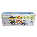 Retail packaging of Tenderleaf Toys Car Transporter, showcasing wooden car carrier toy with 4 cars for ages 3 and up.