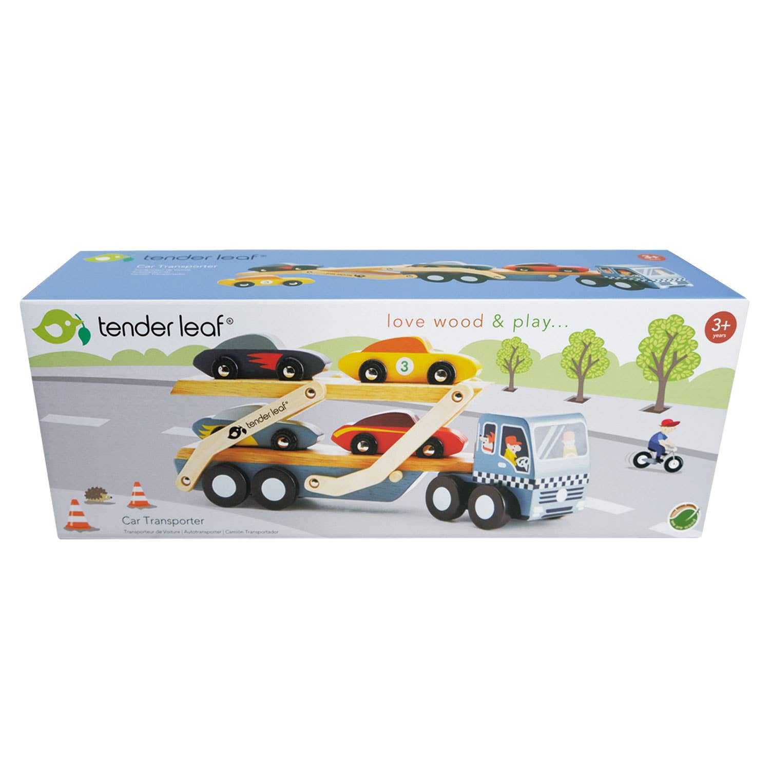 Retail packaging of Tenderleaf Toys Car Transporter, showcasing wooden car carrier toy with 4 cars for ages 3 and up.