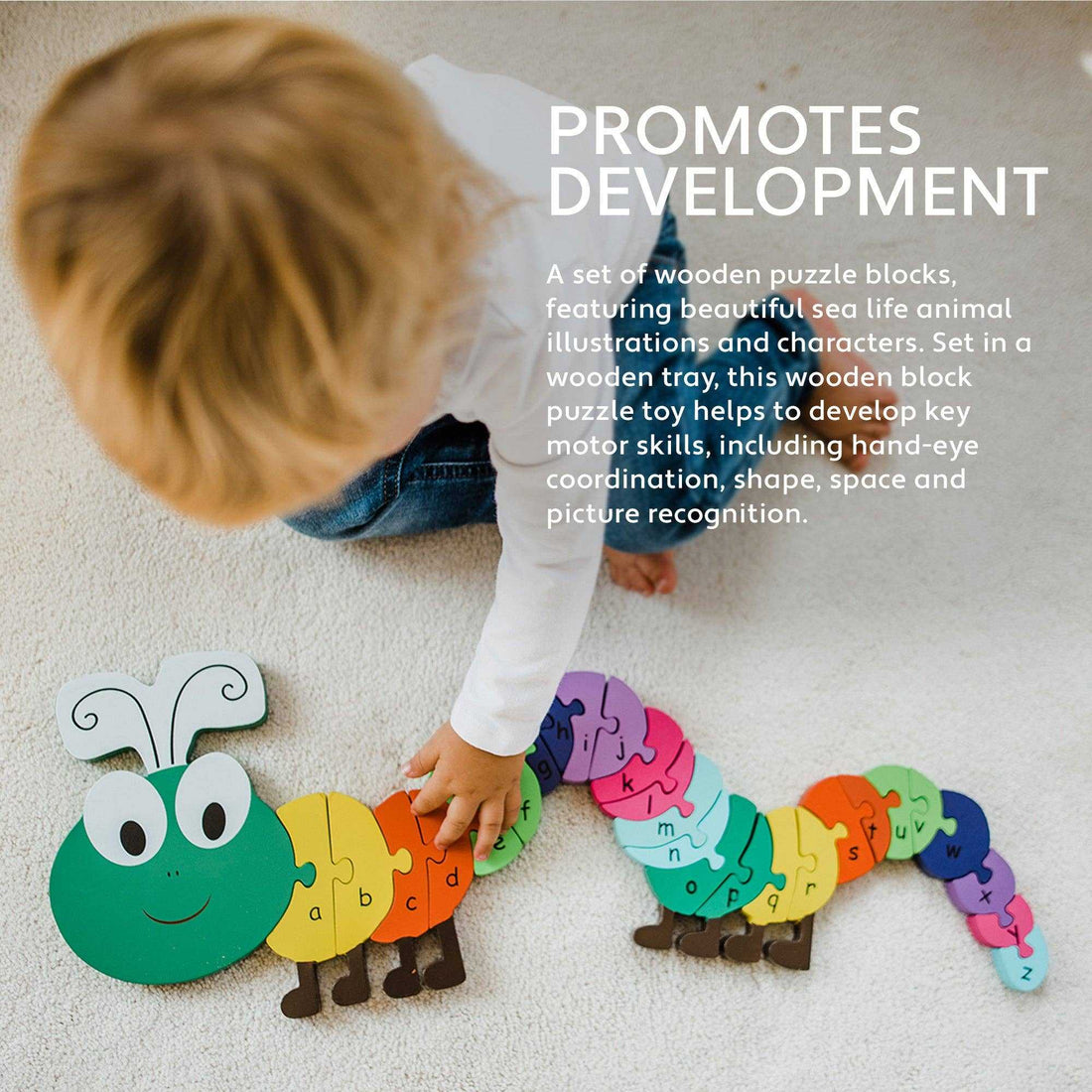 ABC Puzzle - Vibrant Wooden Caterpillar Alphabet Toy with colorful lettered segments, ideal for toddlers learning the alphabet and motor skills.
