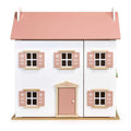 Mentari Clover Dolls House: Wooden Dolls House 2 Storey Playhouse with pink roof, floral shutters, and front-opening design for ages 3+.
