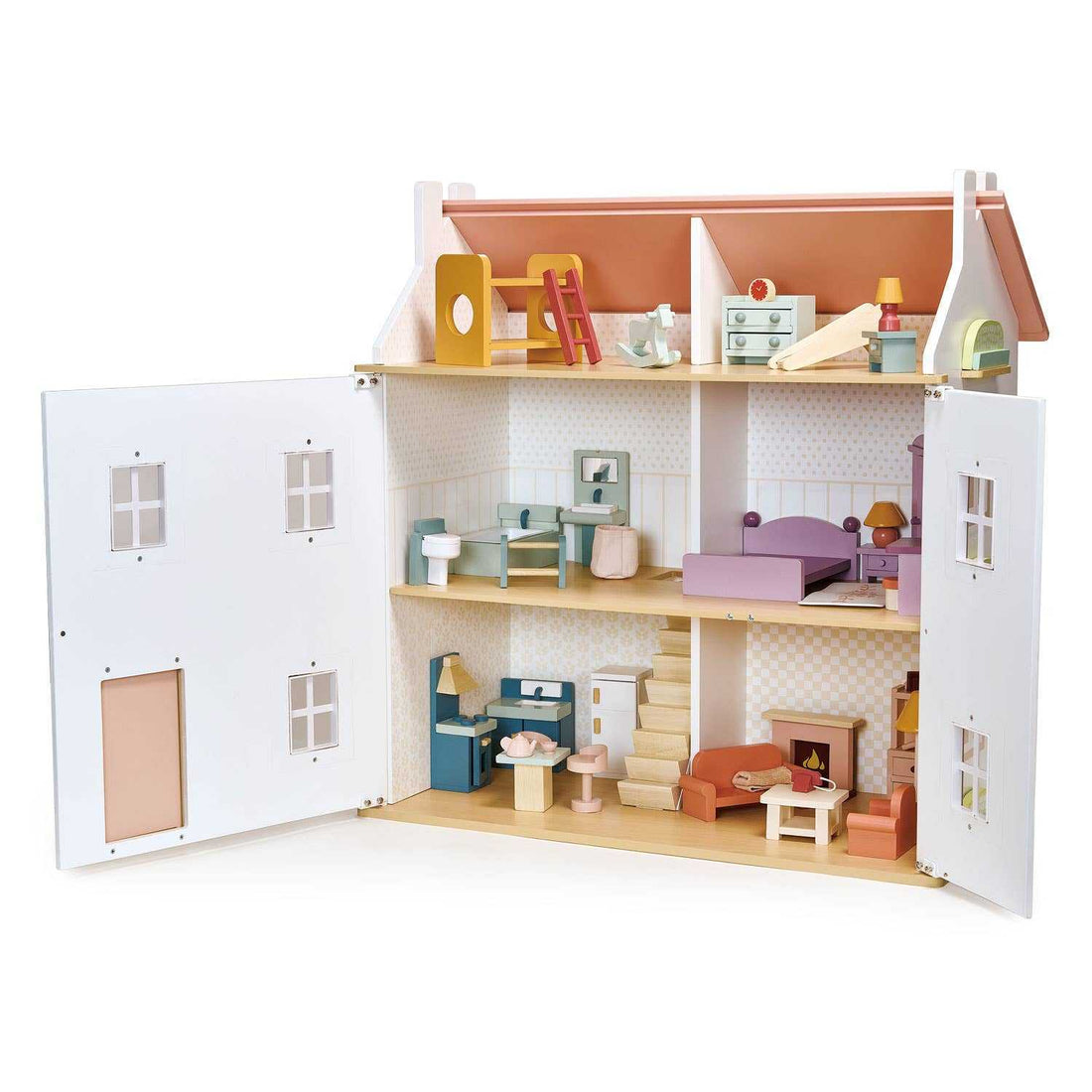 Mentari Clover Dolls House: Wooden Dolls House 2 Storey Playhouse with pink roof, floral window shutters, and opening front door. Ideal for ages 3+.