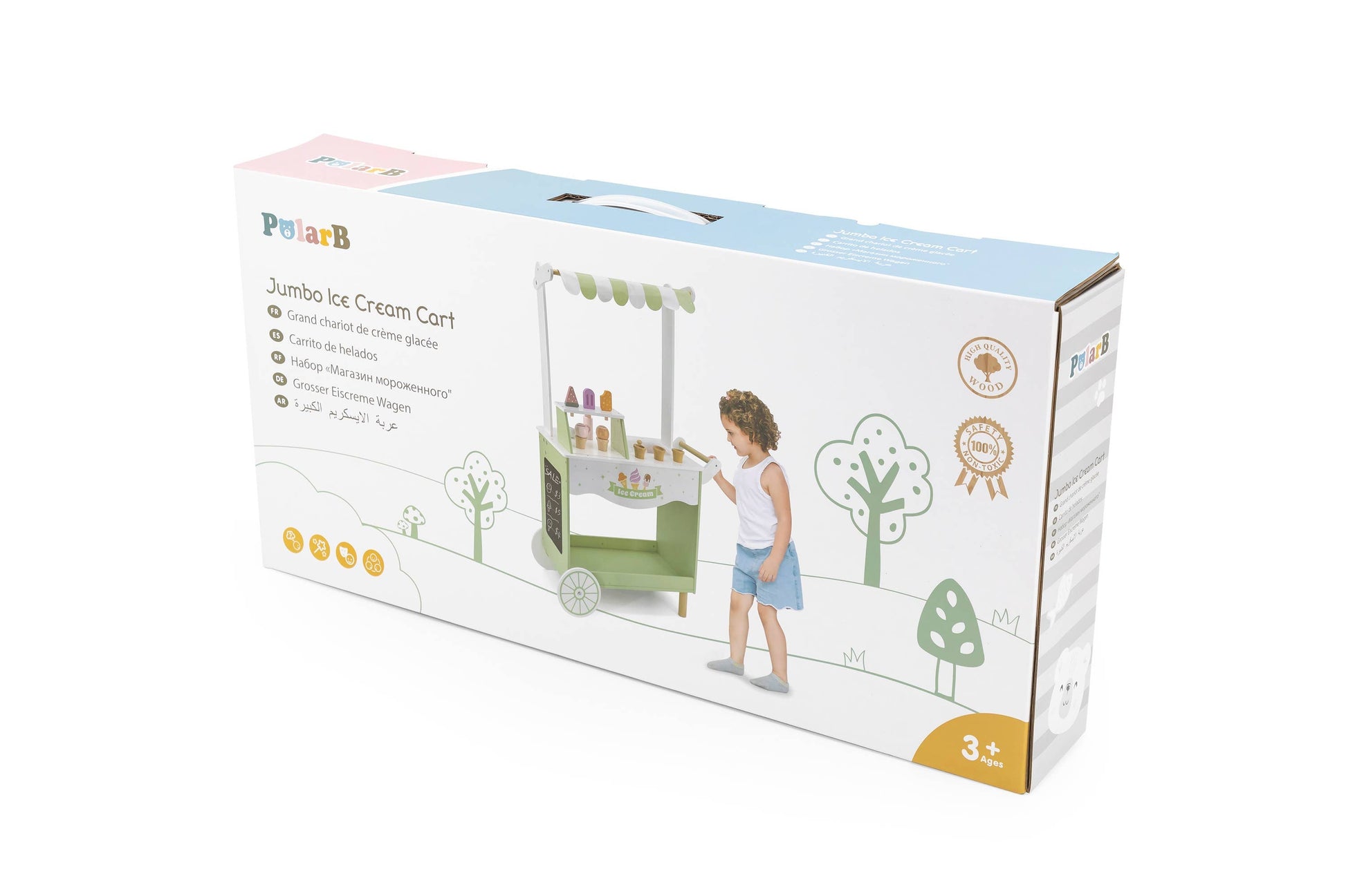 Front packaging of the Jumbo Wooden Ice Cream Cart Stall Play Set by PolarB, displaying the toy cart, accessories, and a child engaging in role-play fun.