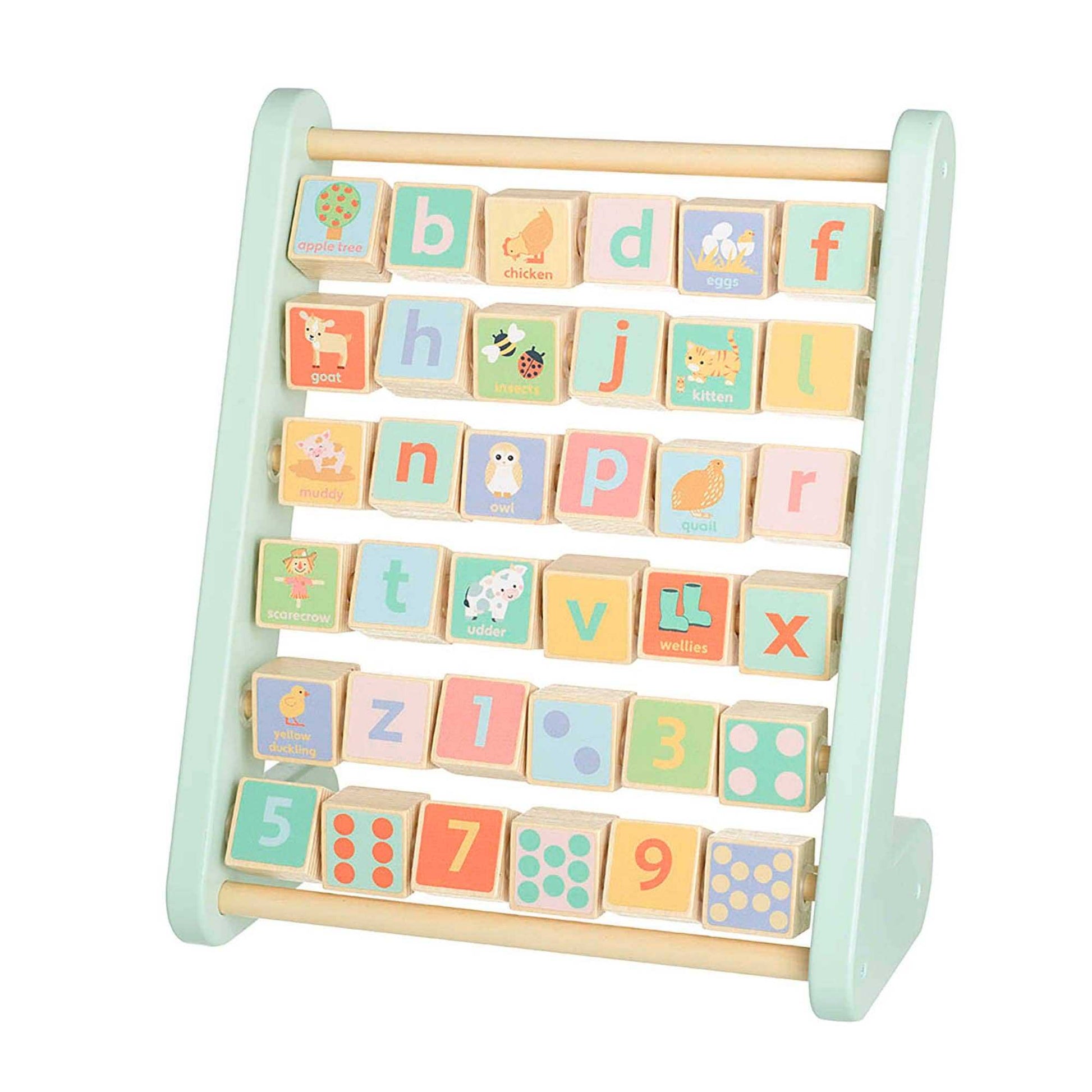 Eco-friendly Farm Animal Alphabet Abacus with rotating wooden blocks showing letters, animals, and numbers for fun learning.