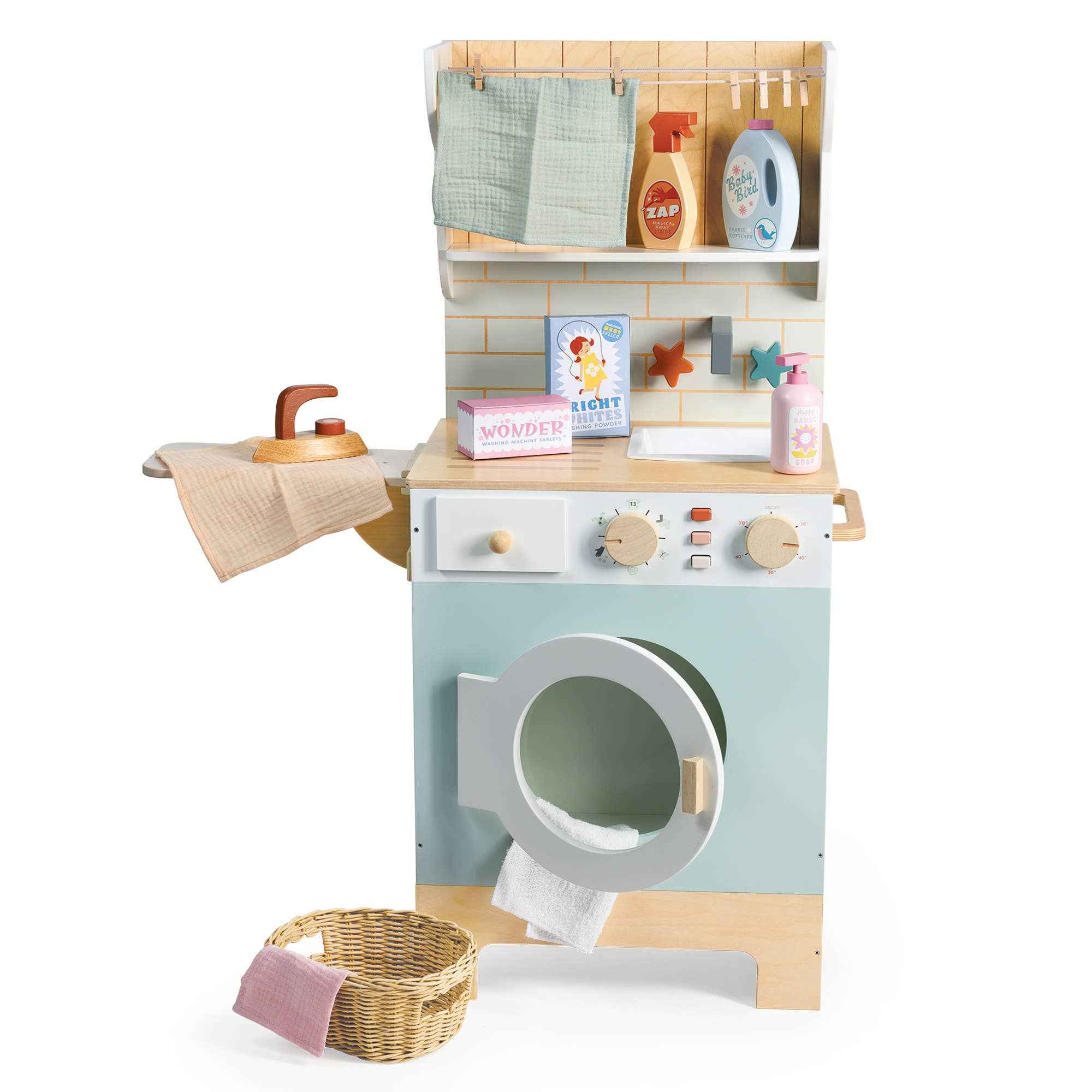 Tender Leaf Wooden Laundrette play set featuring a pastel-colored laundry station with washing machine, ironing board, and accessories.