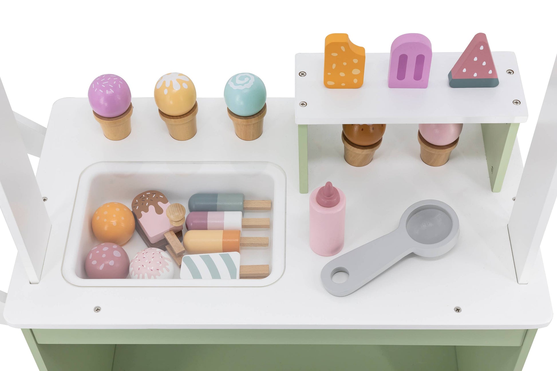 Close-up of the Jumbo Wooden Ice Cream Cart Stall Play Set, showcasing wooden ice cream cones, popsicles, and a scoop for interactive pretend play.