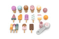 Complete set of wooden ice cream accessories from the Jumbo Wooden Ice Cream Cart Stall Play Set, including cones, popsicles, and a scoop for imaginative play.