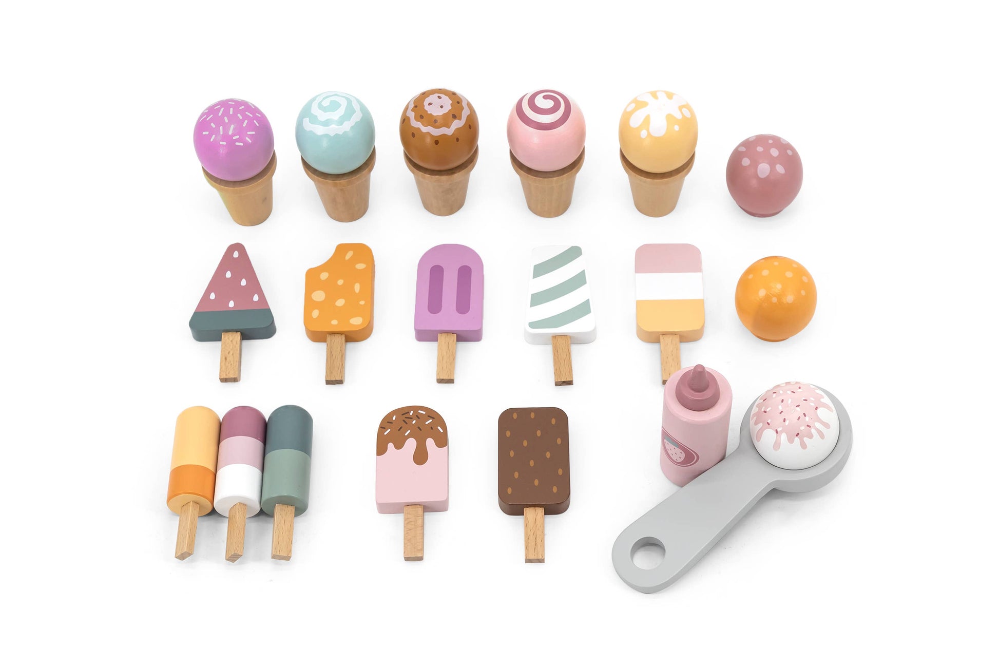 Complete set of wooden ice cream accessories from the Jumbo Wooden Ice Cream Cart Stall Play Set, including cones, popsicles, and a scoop for imaginative play.