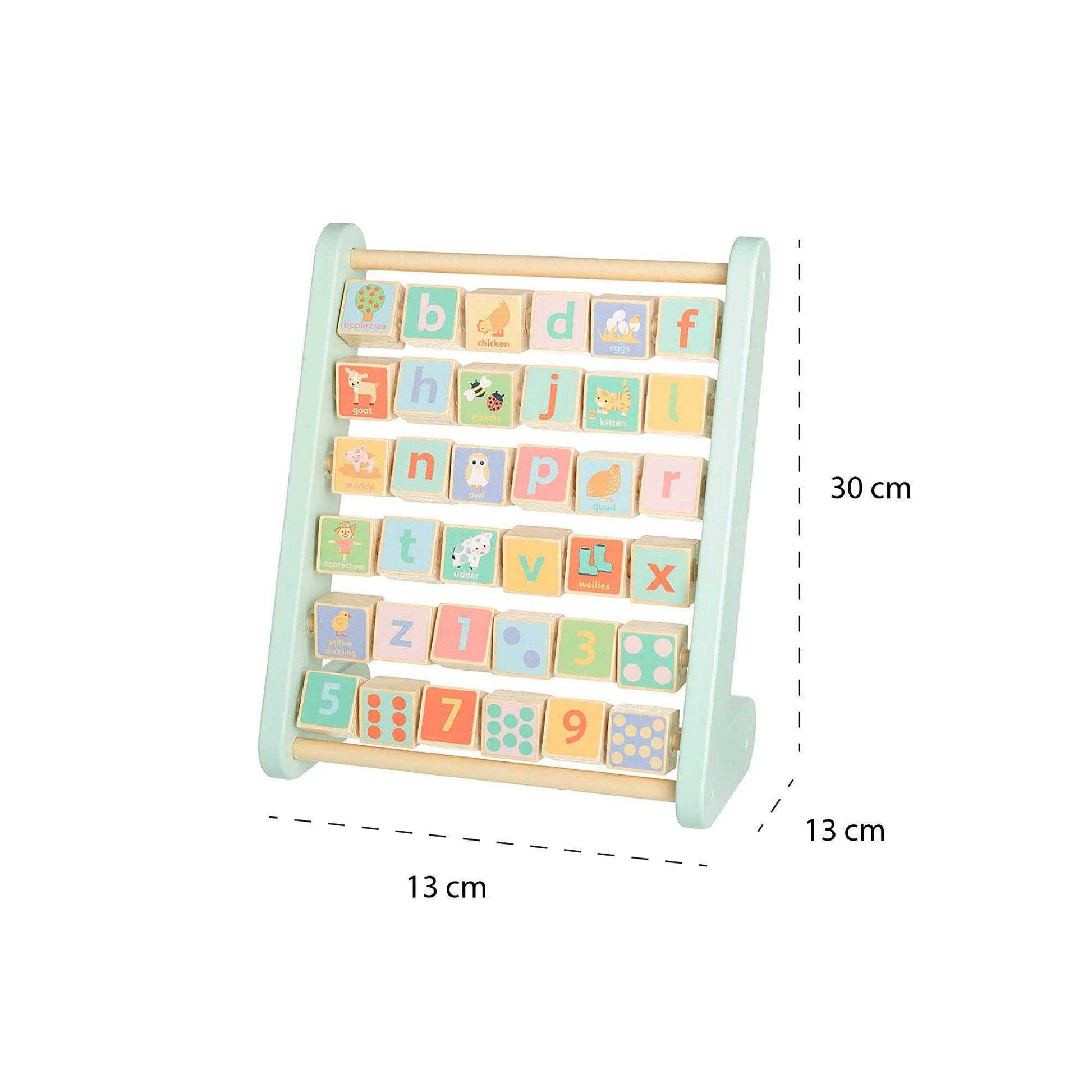 Dimensions of Farm Animal Alphabet Abacus shown as 30 cm tall and 13 cm wide, perfect size for toddler learning activities.