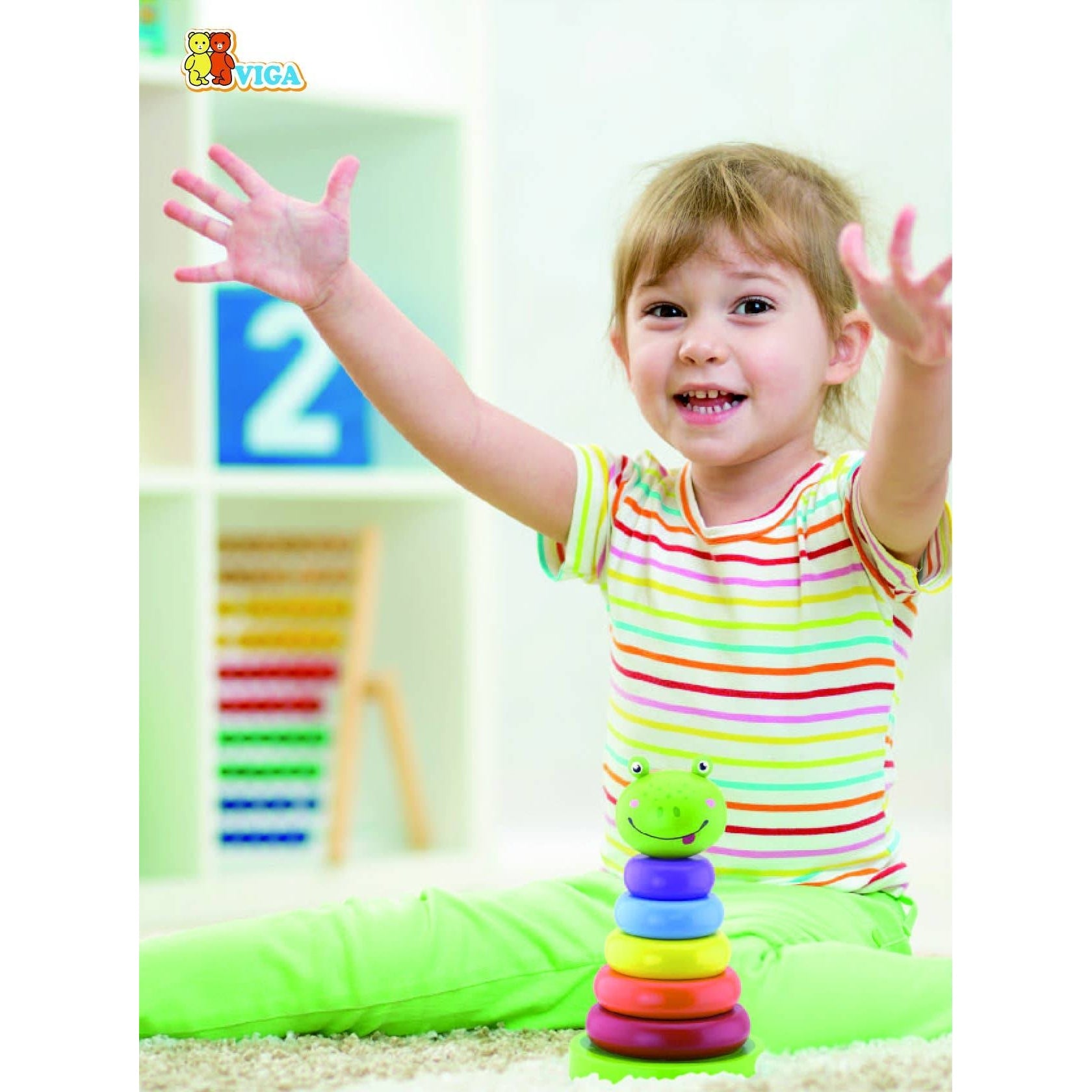 Colourful Wooden Toy Ring Tower Frog Stacker - Imagination Wooden Toys