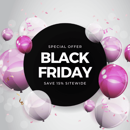 Black Friday special offer banner with pink and white balloons, featuring a 15% sitewide discount on a black circular background.